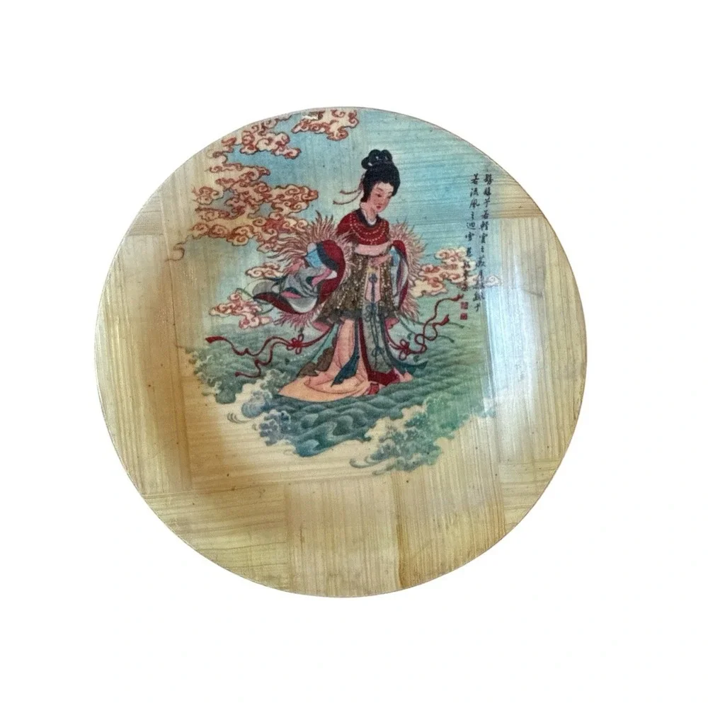 Vintage Bamboo Coaster Set – Chinese Celestial Motif – 4.25